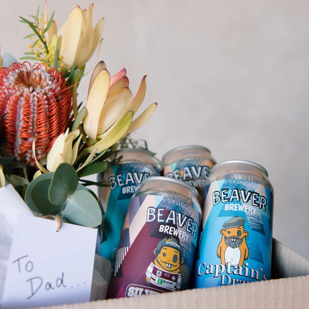 A gift box containing a native flowers and an assorted craft beers from Beaver Brewery.