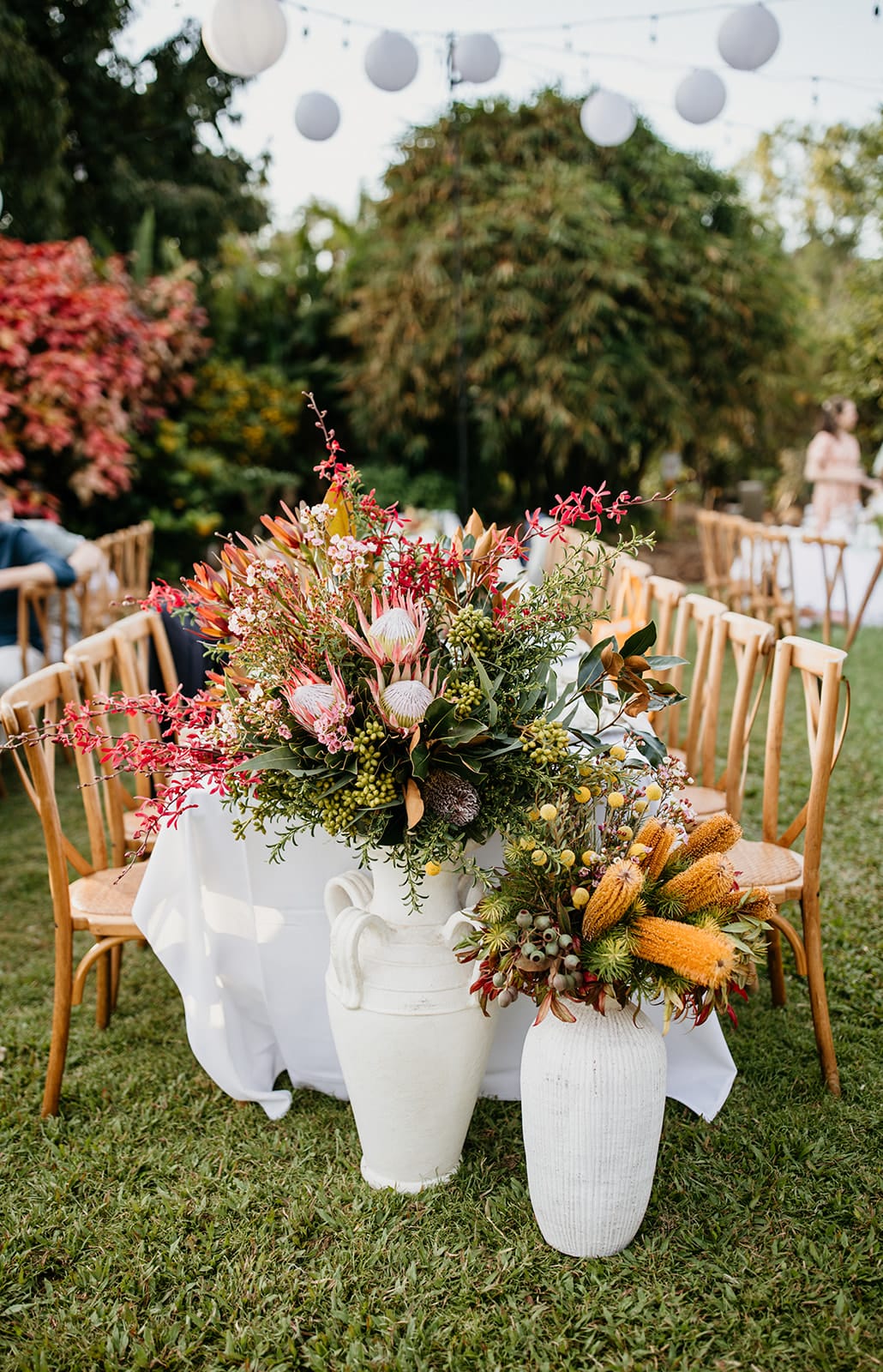 Native flowers at outdoor wedding reception at Darwin Botanic Gardens