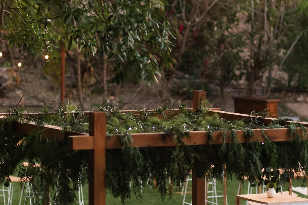 Foliage ceiling on timber gazebo entrance floral styling Beija Flor florist Darwin