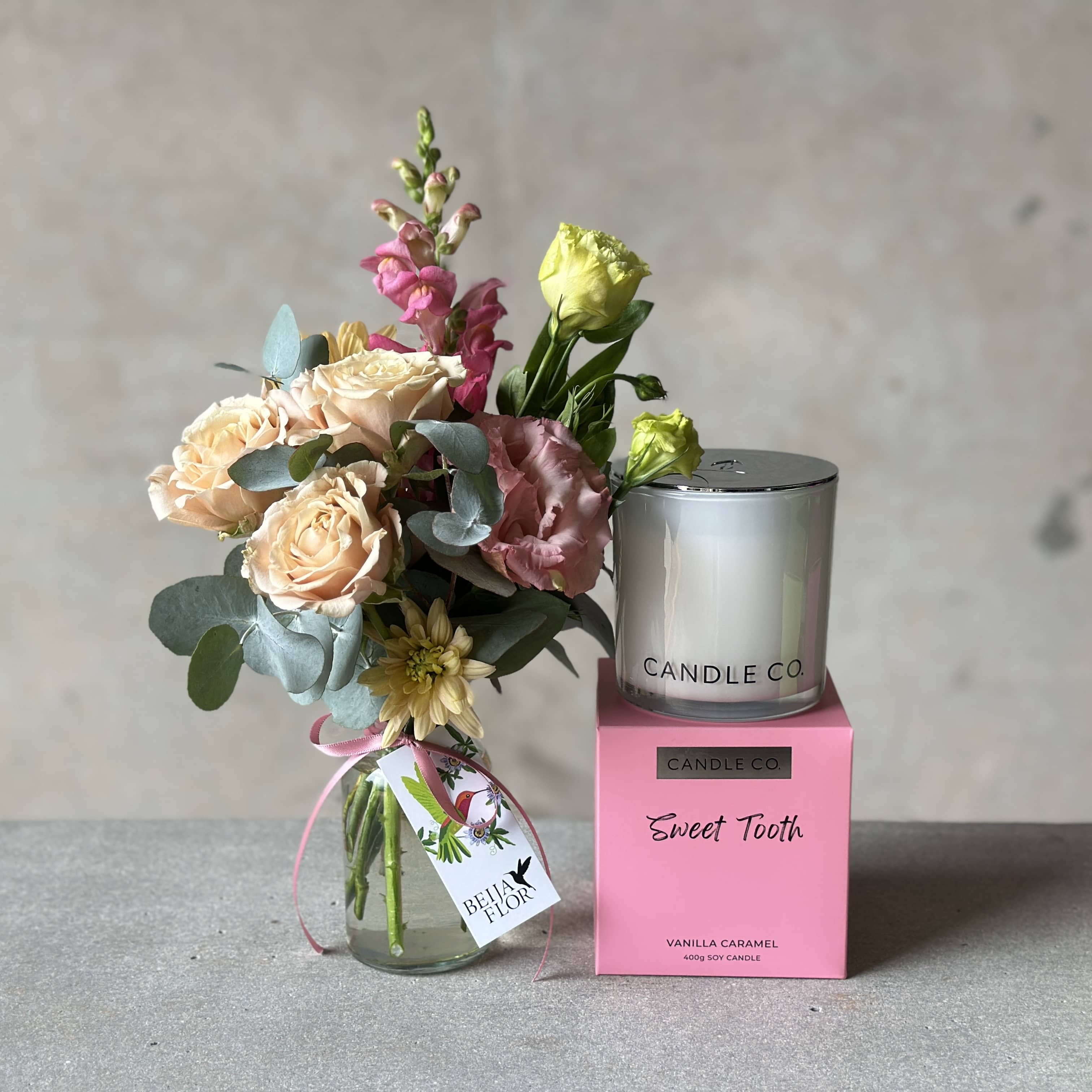 Mother's Day gift bundle flower posy jar with vanilla caramel scented soy candle.