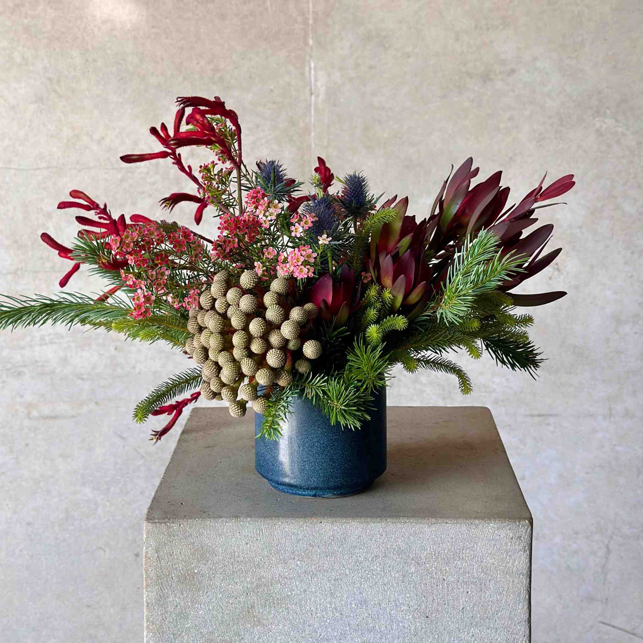 Beija Flor - Darwin wedding & event hire - Glazed Earth Dark Blue Vase Arrangement