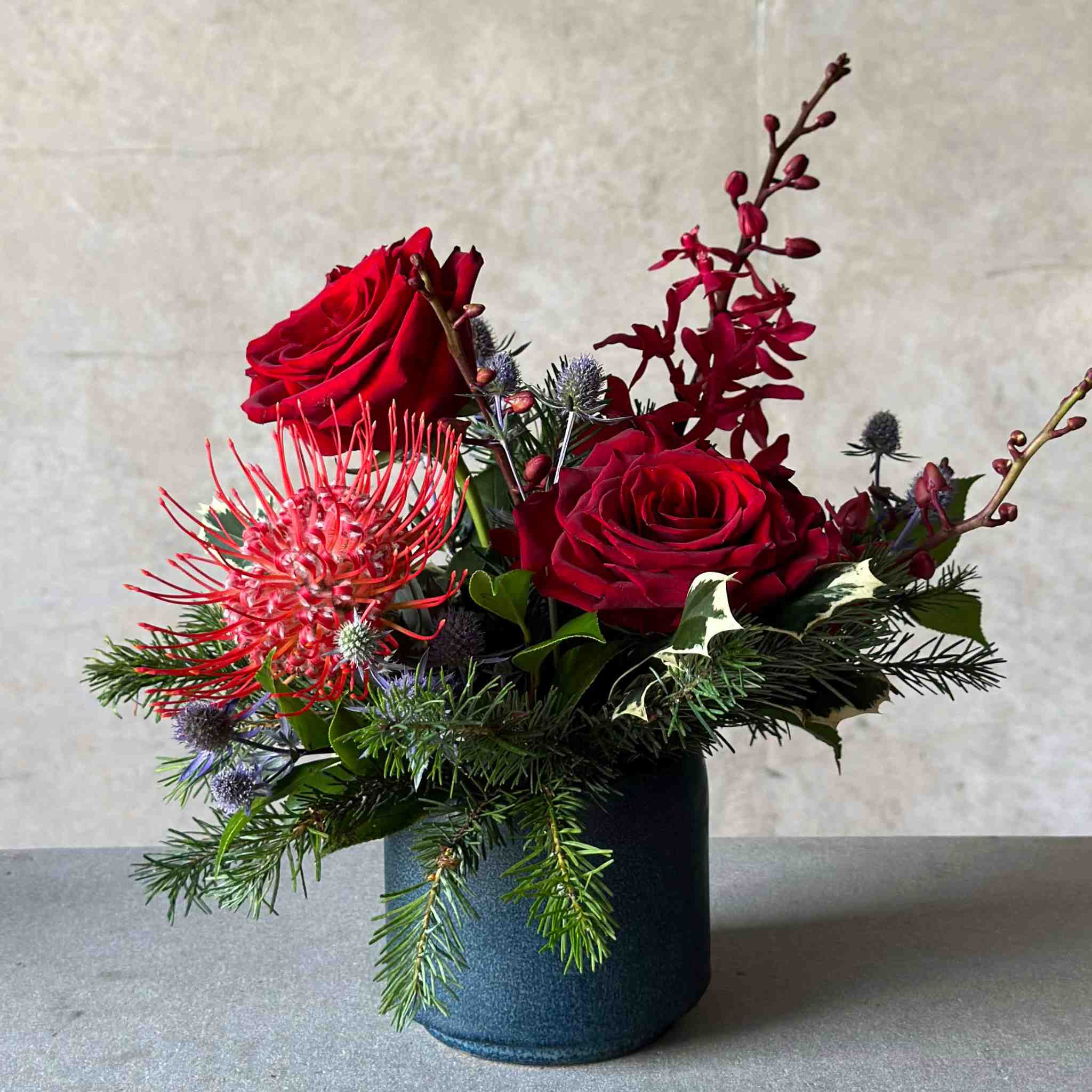 Beija Flor - Darwin wedding & event hire - Glazed Earth Dark Blue Vase Large Fresh Floral Centrepiences