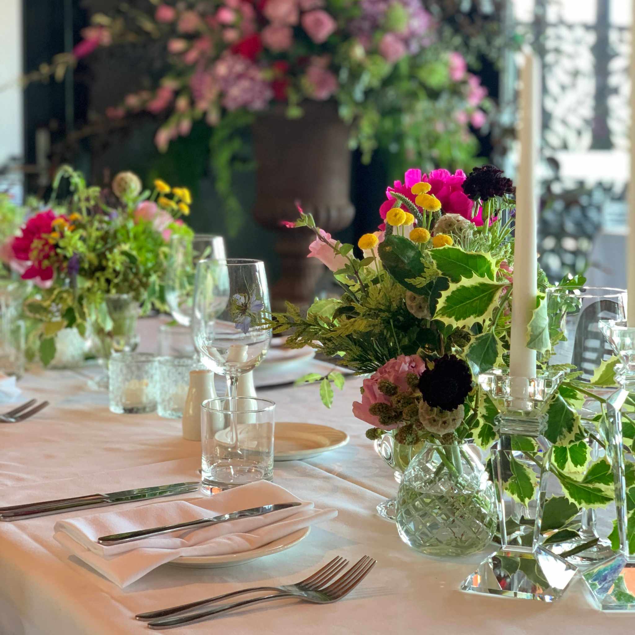Beija Flor - Darwin wedding & event hire - Tall Crystal Candlestick Holder Table Arrangement