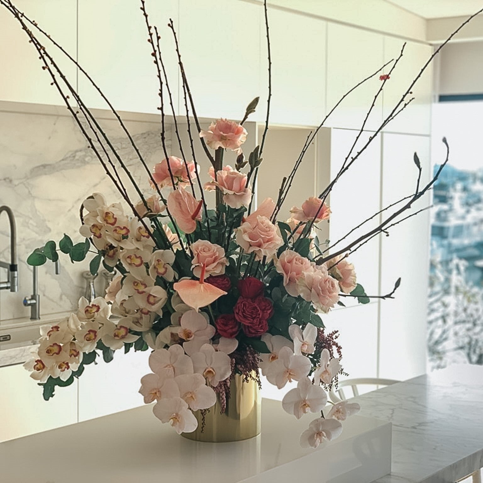 Beija Flor Gold Vase Bucket in Pink and Ivory Florals in Countertop