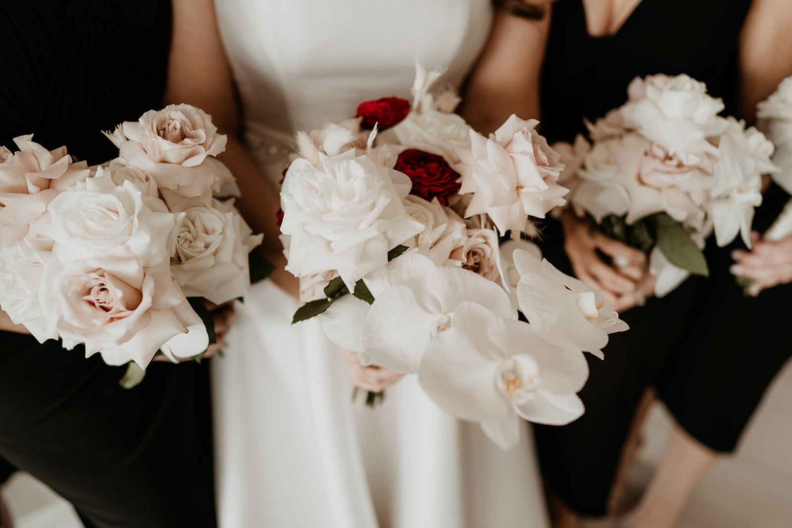 beija flor real wedding donna and ben bridal bouquet white roses orchids red accents