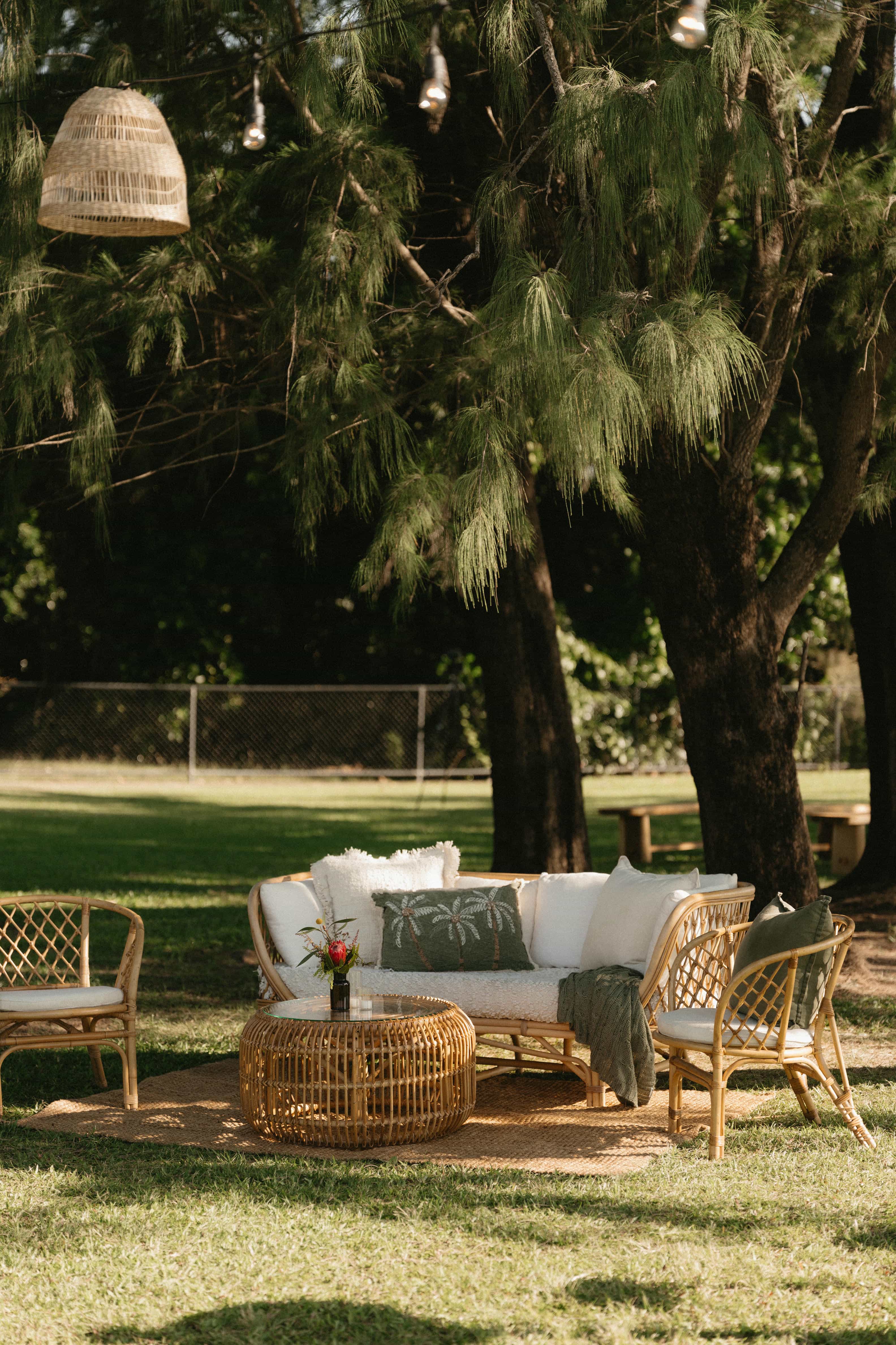 beija flor real wedding khia and jonathan lounge area under pine tree