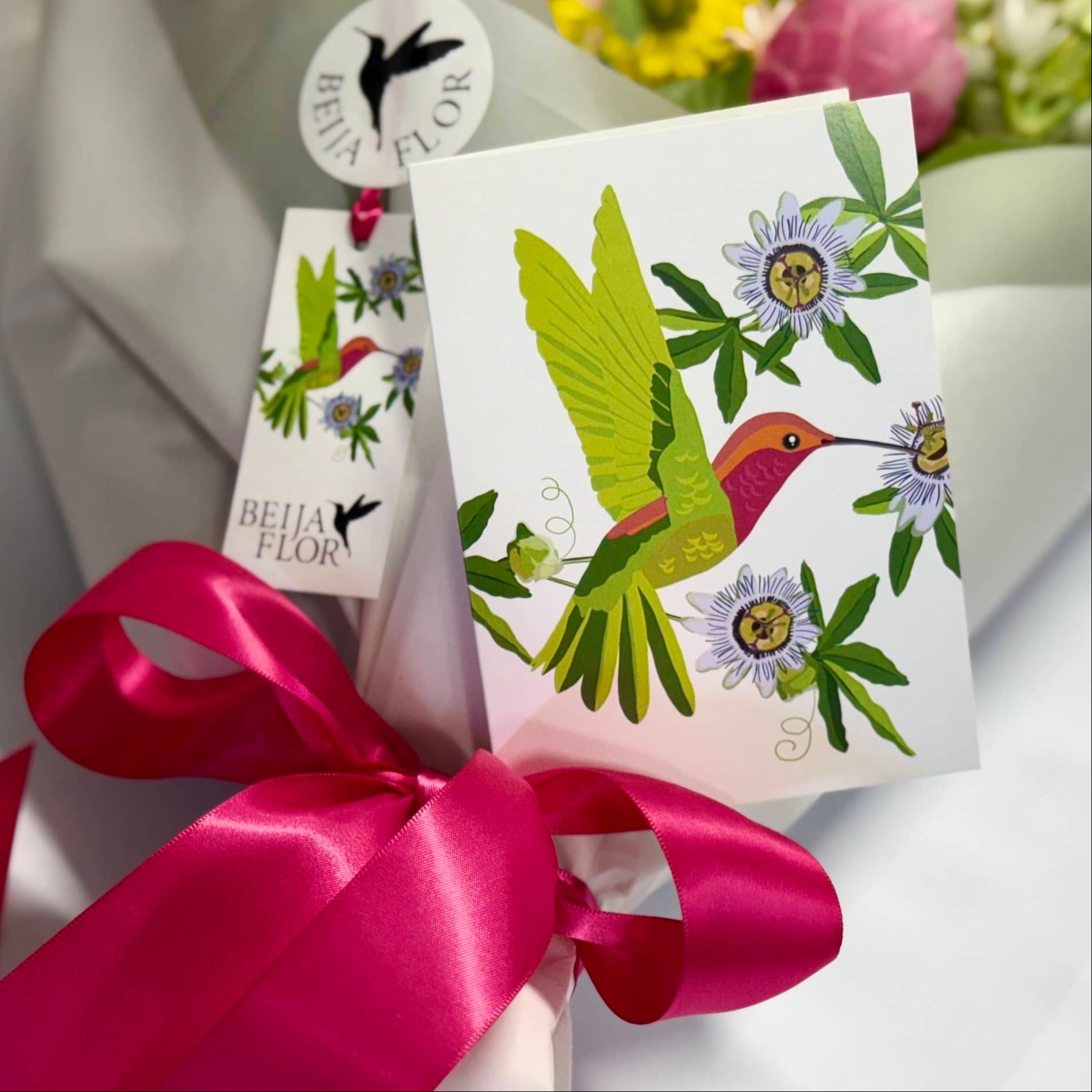 beija flor hummingbird illustrated gift card with cerise bow