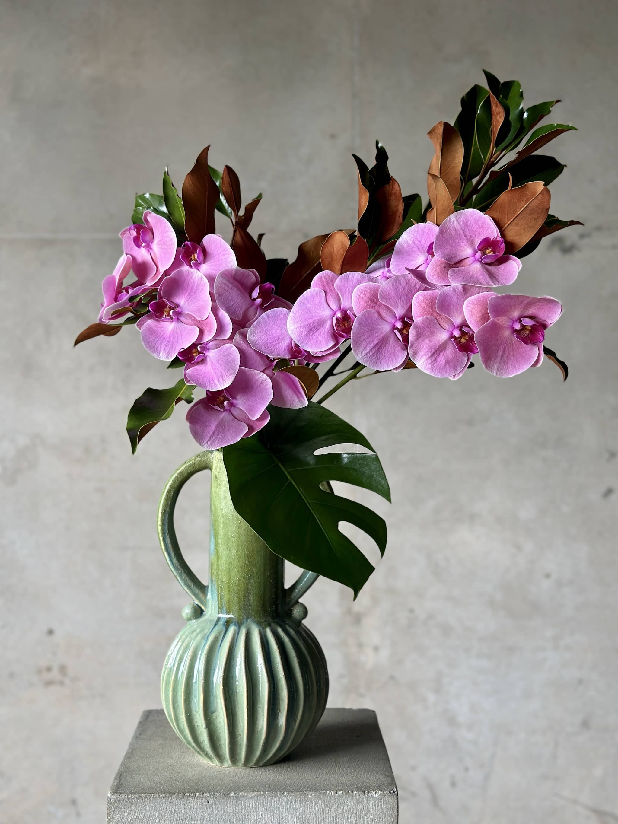 classic green ceramic vase with pink phalenopsis orchids, event styling hire, beija flor darwin