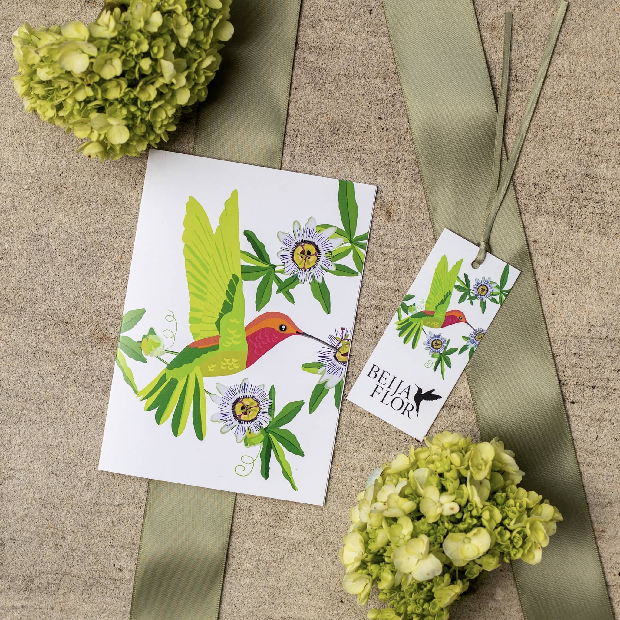 beija flor greetings card and sage ribbon