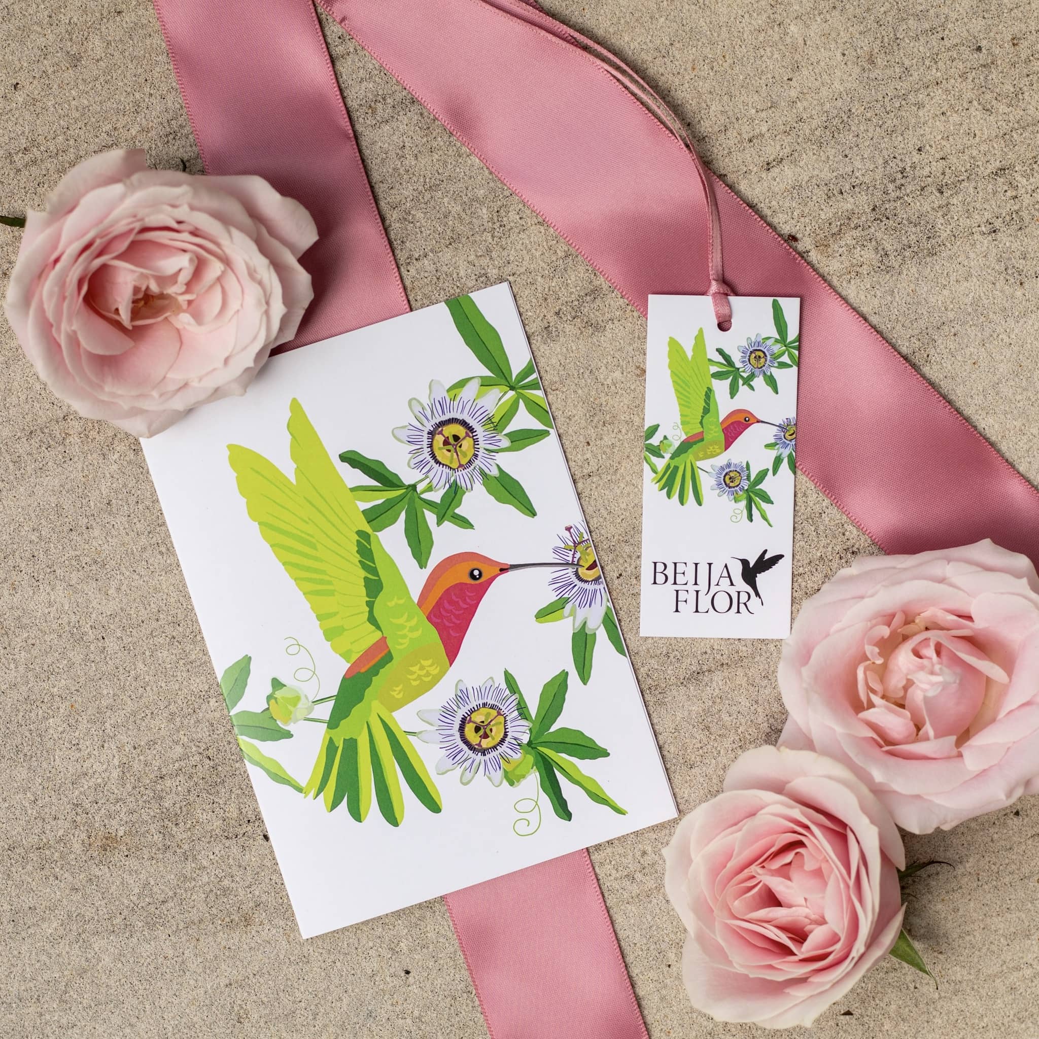 beija flor greetings card with dusty pink ribbon