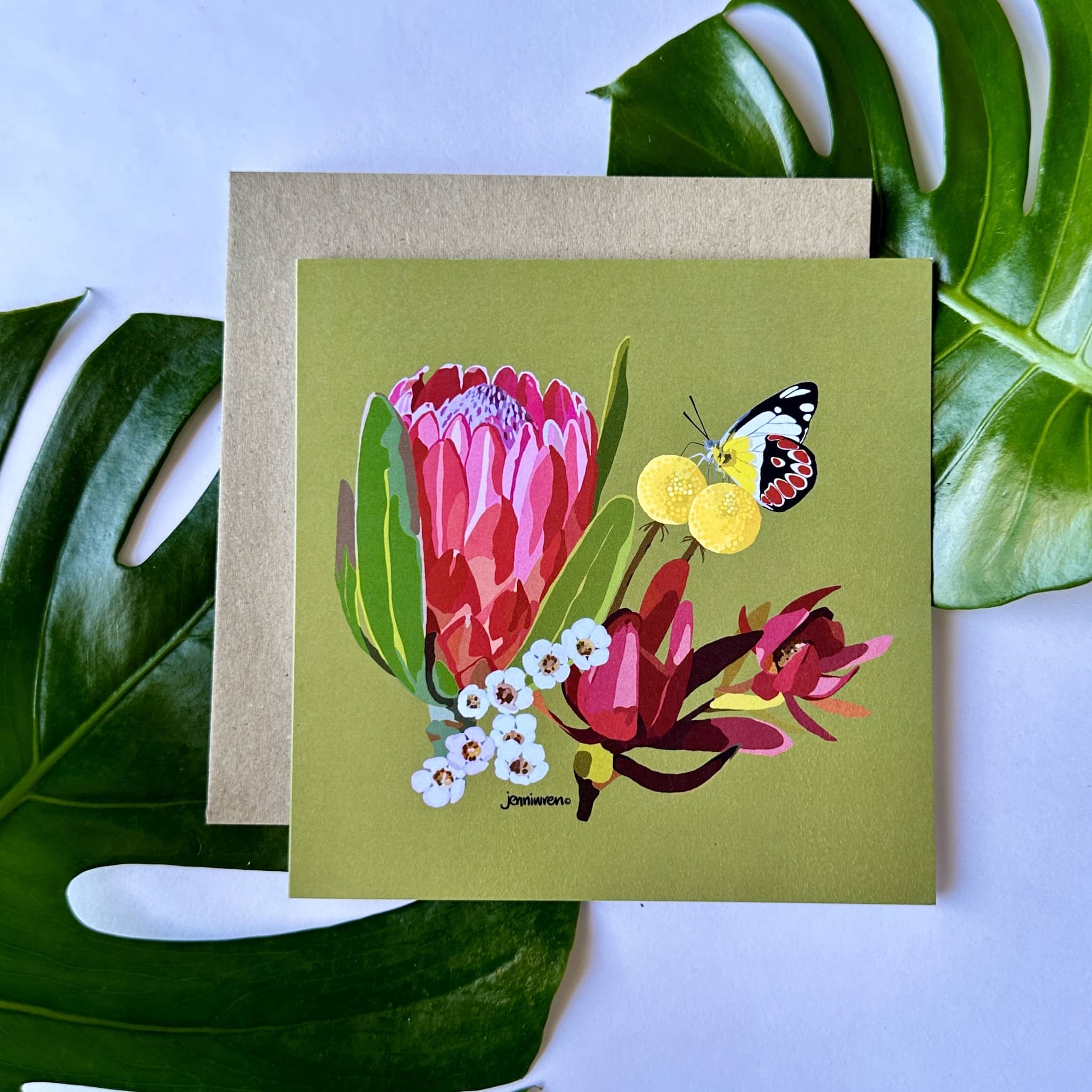 Protea and butterfly illustrated greeting card