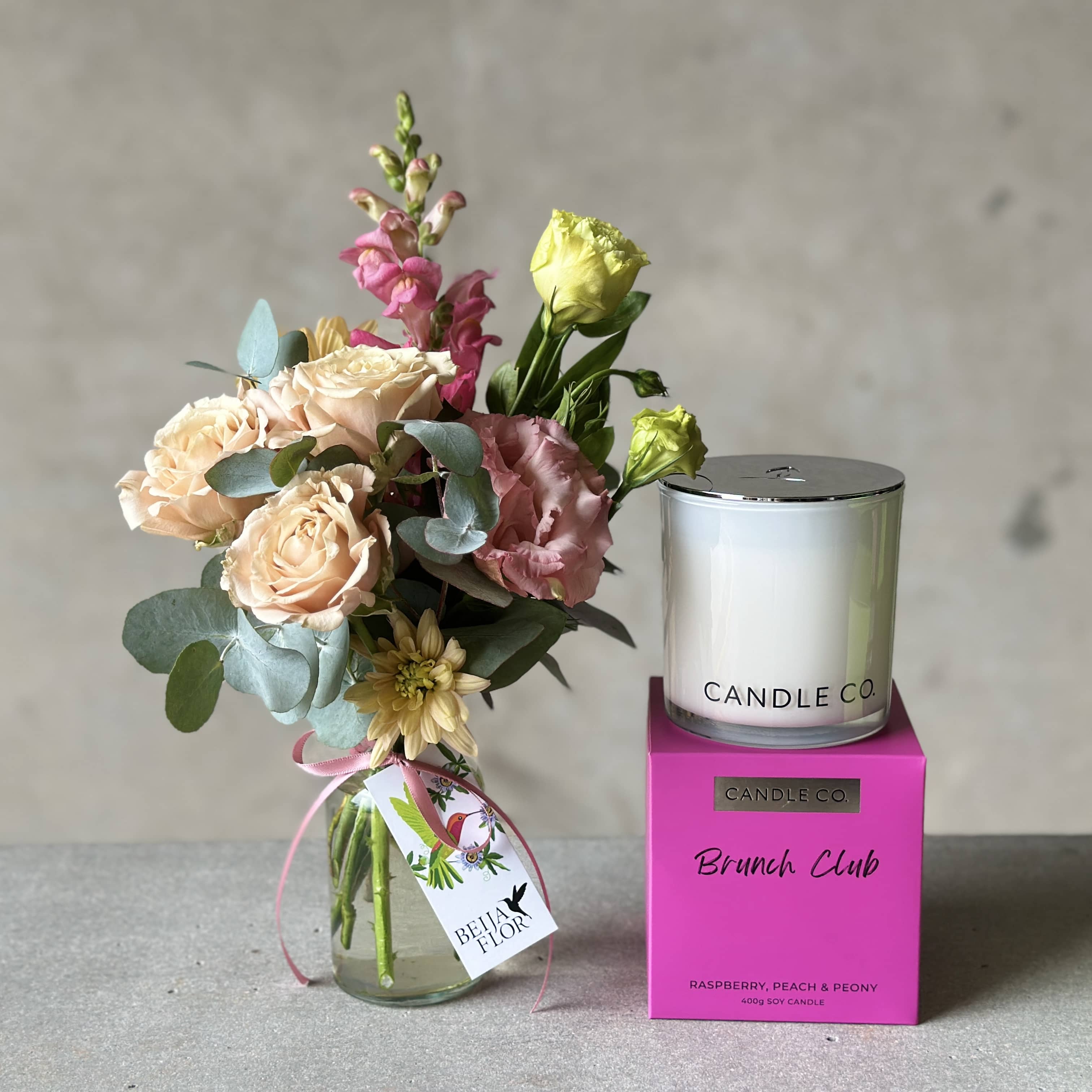 Mother's Day Gift Bundle - Posy Flower Jar with raspberry, peach and peony scented soy candle