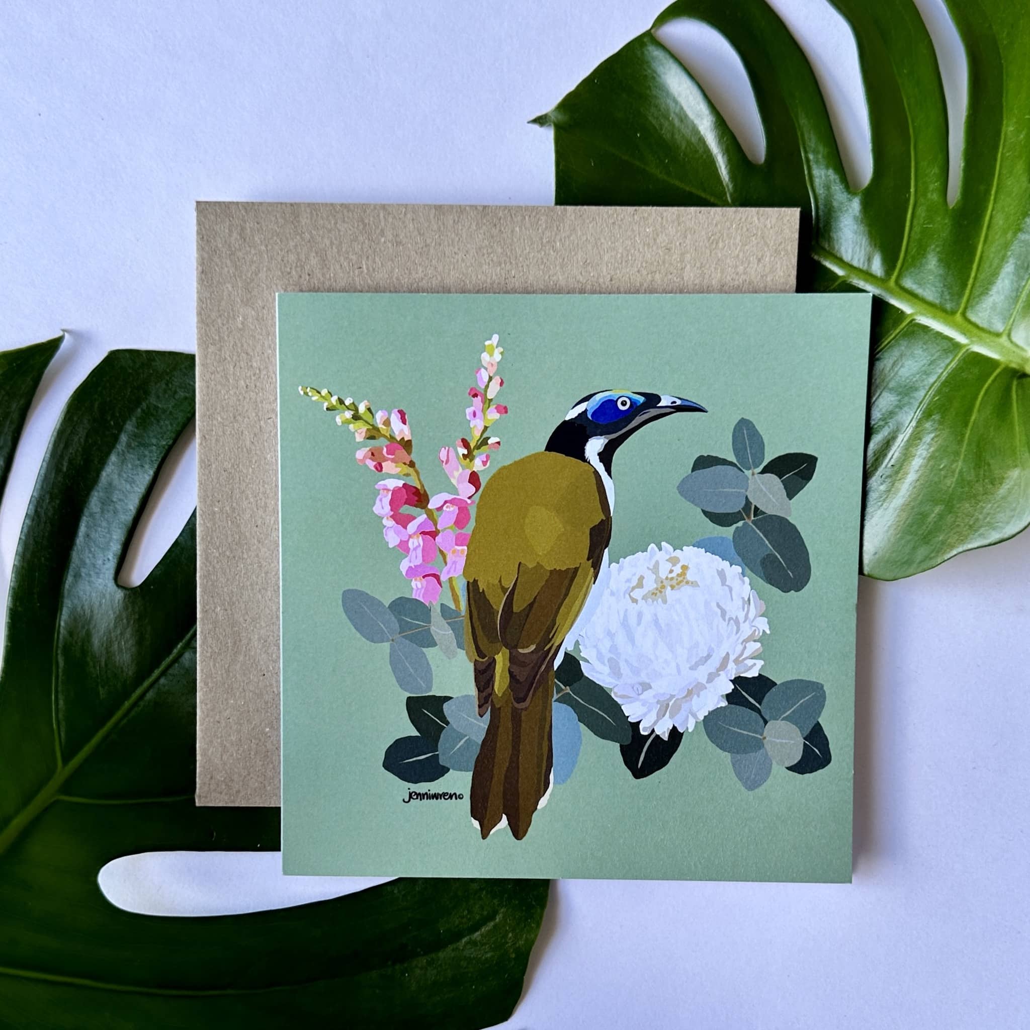 Honeyeater illustrated greetings card flat lay
