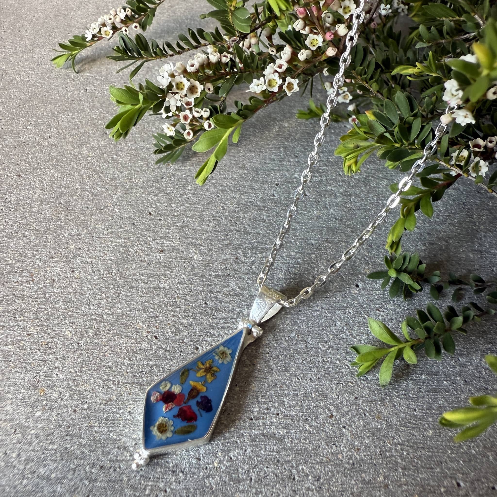 Wildflower jewellery silver pendant with real pressed flowers