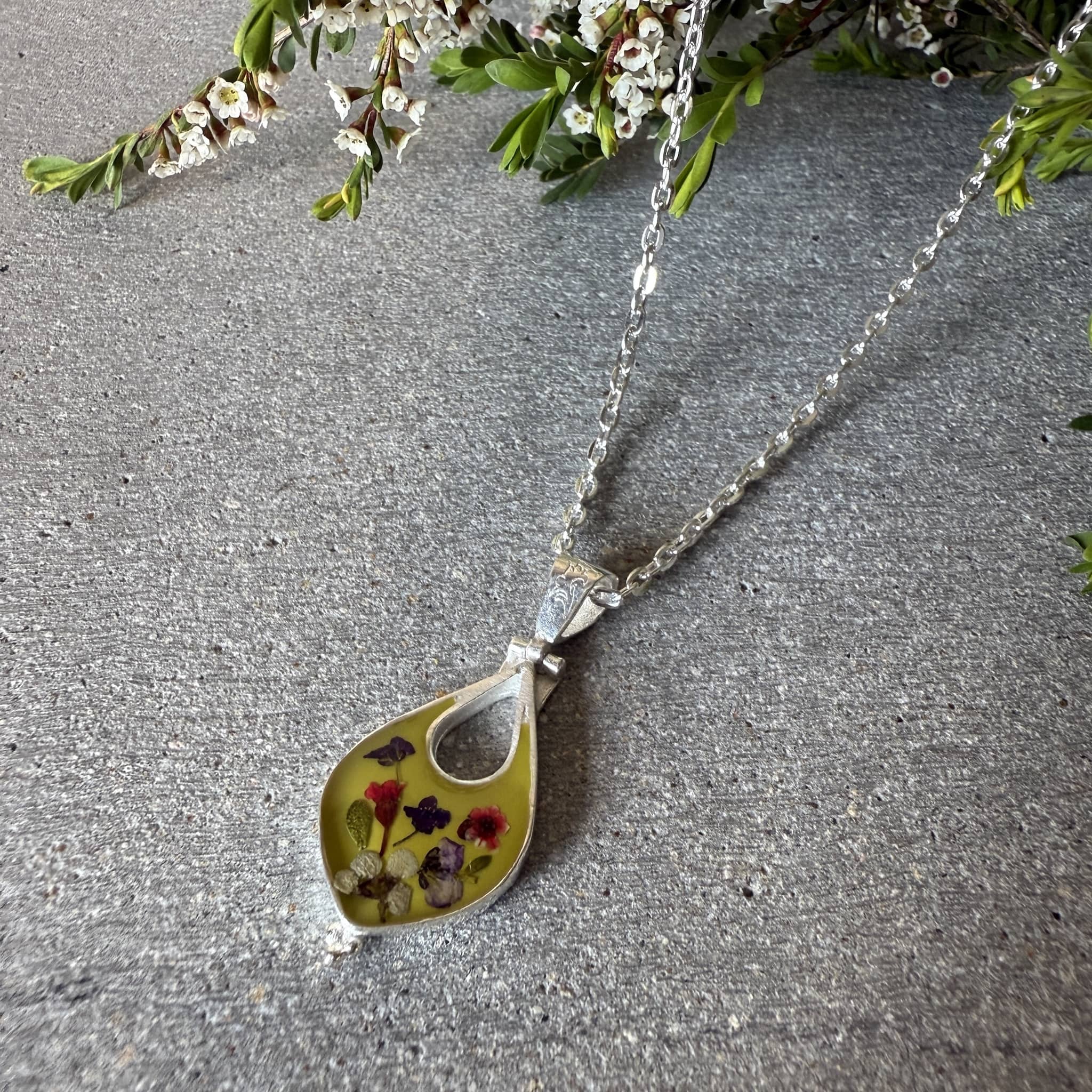 Wildflower jewellery silver pendant with pressed flowers