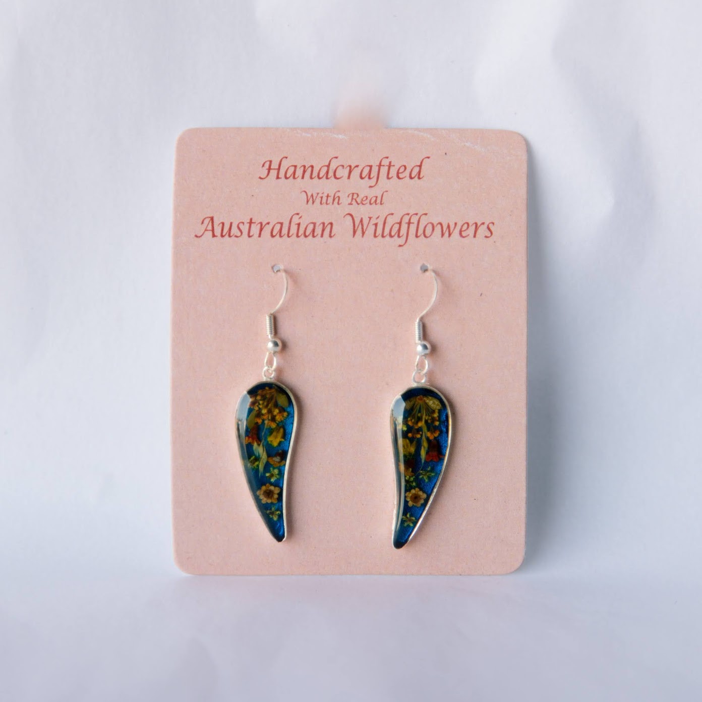 Beija Flor Blue Teardrop Wildflower Earrings with Authentic Australian Flowers