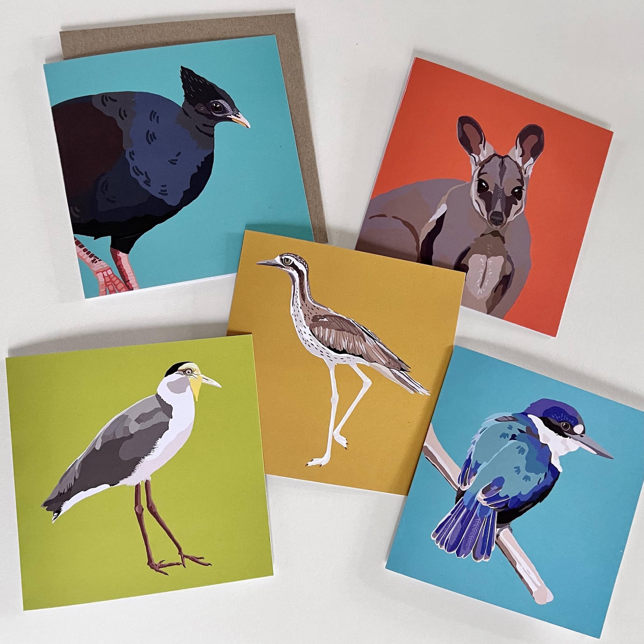 Collection of illustrated greetings cards celebrating Northern Territory wildlife.
