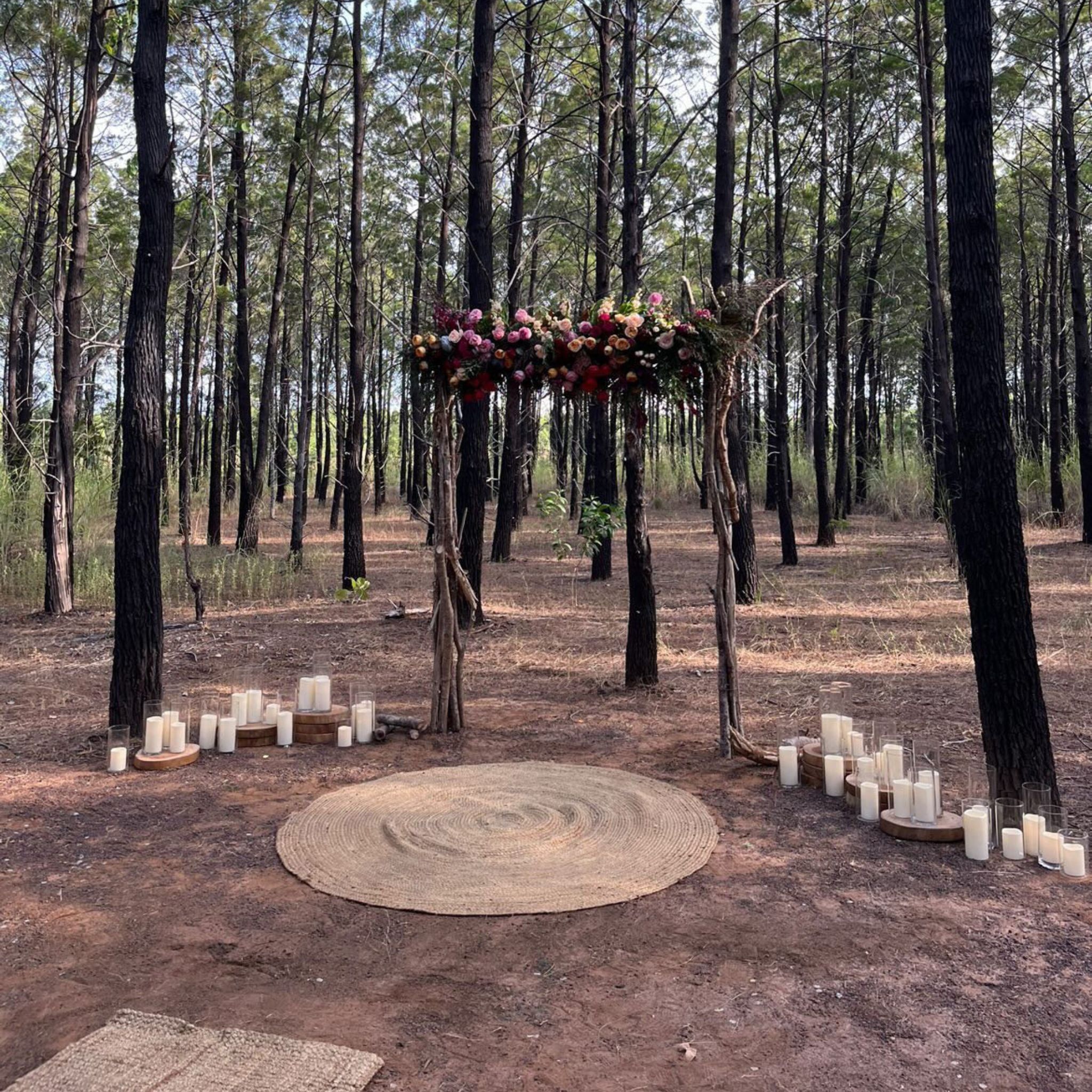 Beija Flor Darwin - Hire and Prop Items - Woodland Branches Arbour with colourful flowers and pillar candles