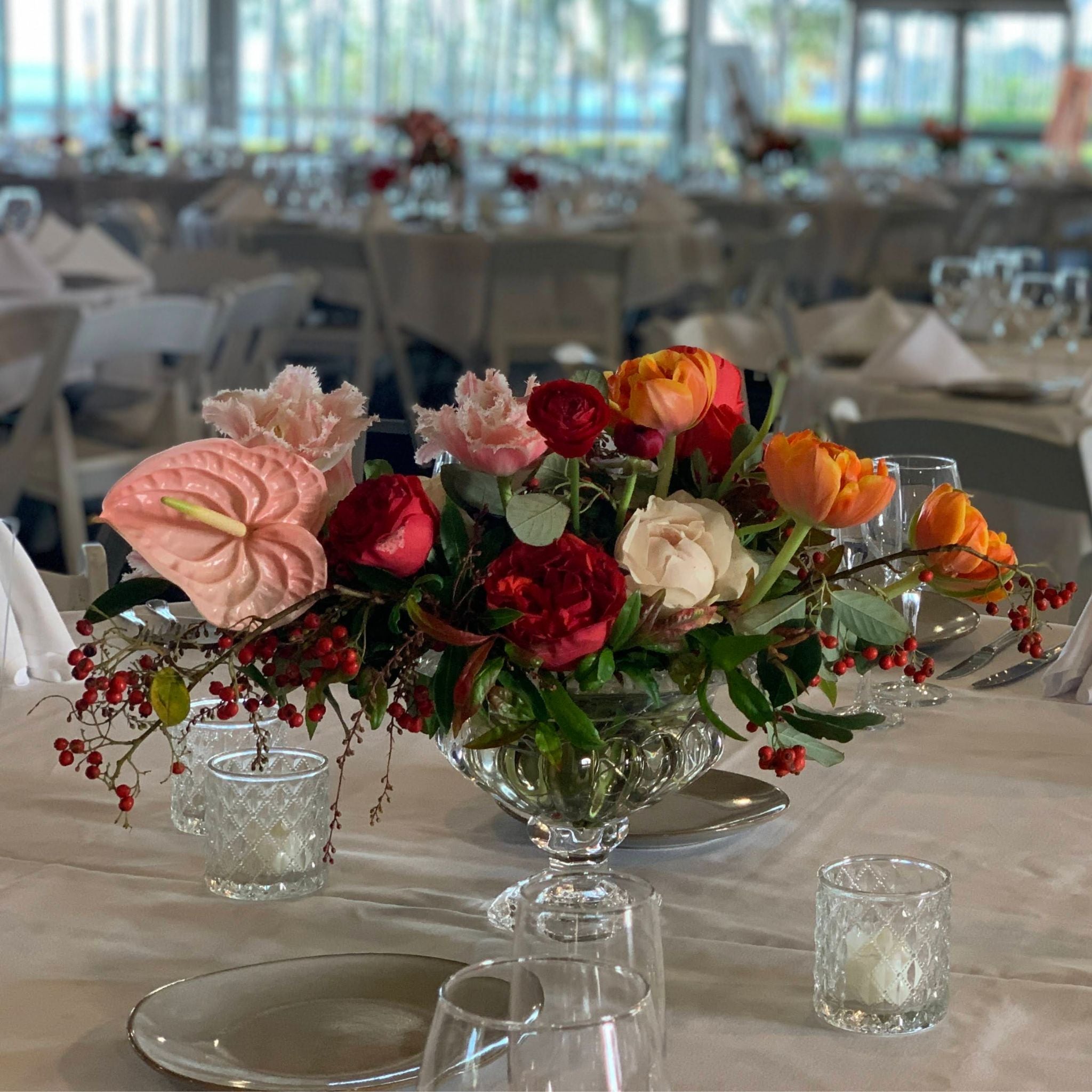 Beija Flor - Darwin wedding & event hire - Crystal Pedestal Bowl Floral Arrangement