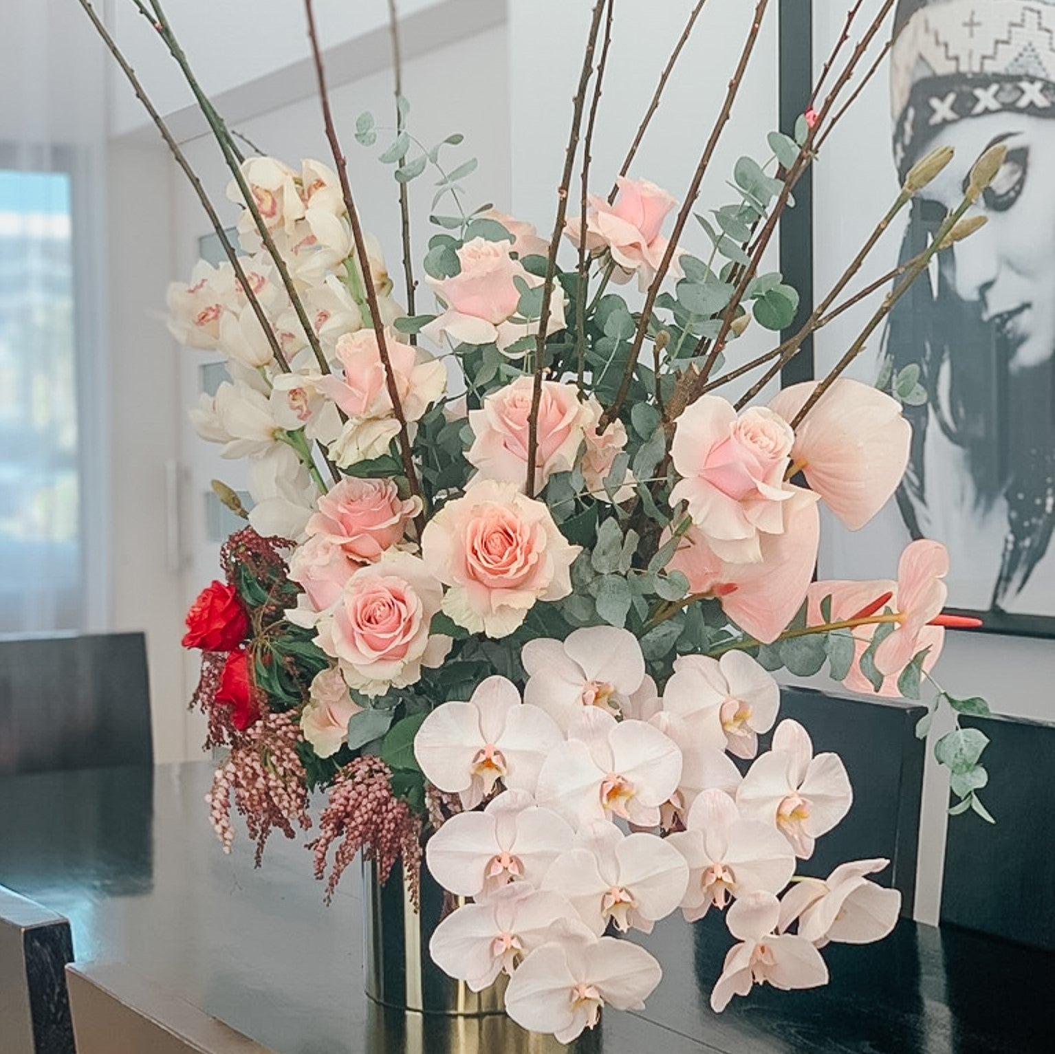 Beija Flor Gold Vase Bucket Vase in Pink Florals and Eucalyptus Arrangement