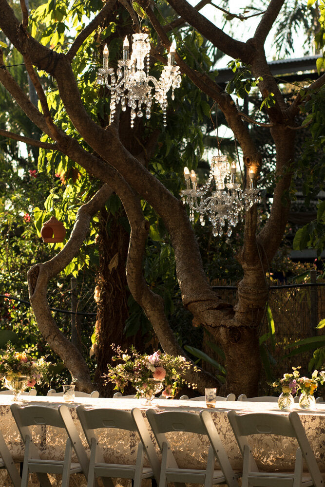 garden party with crystal chandeliers