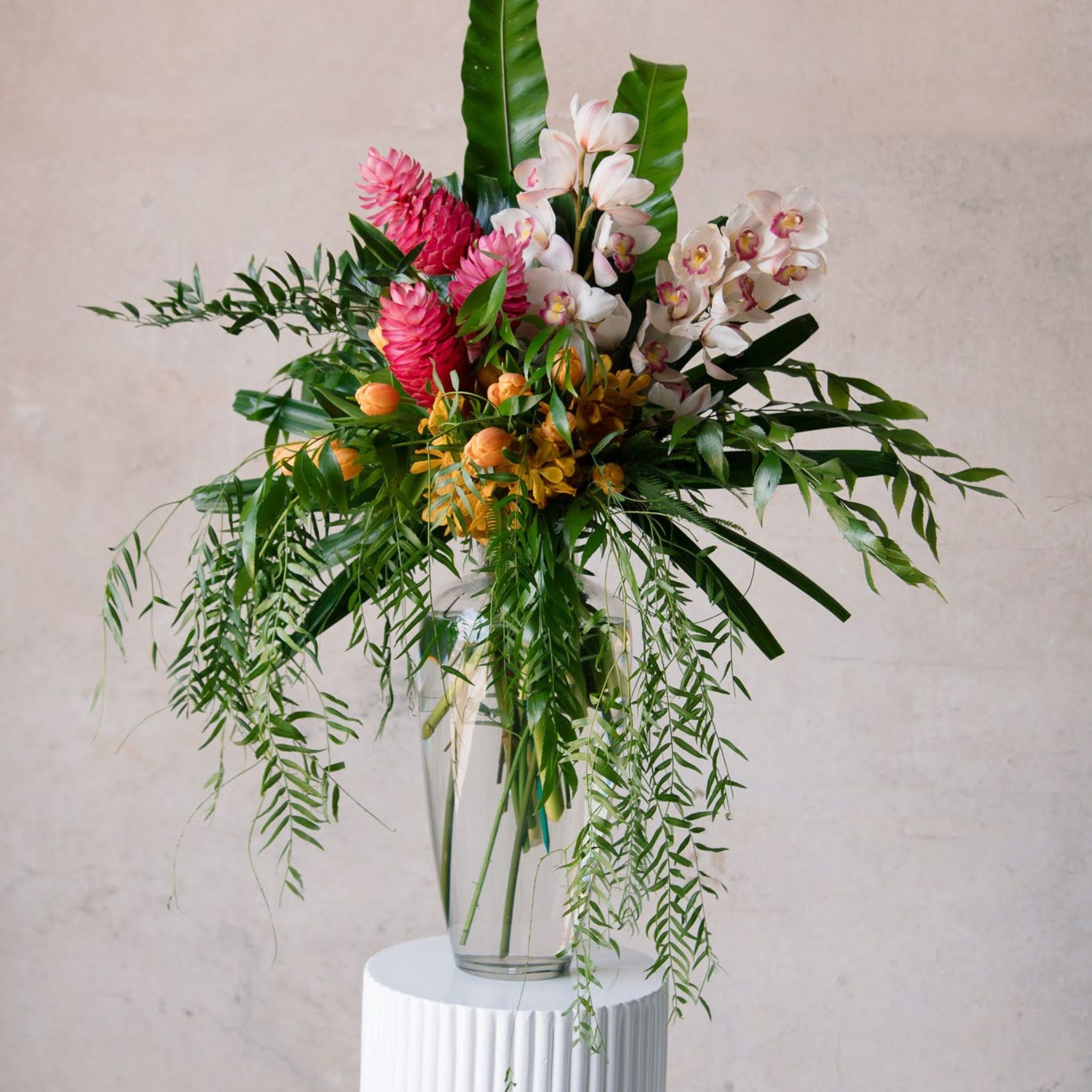 Casa Vase Clear - Wedding & Event Hire - Vase Arrangement in White Plinth