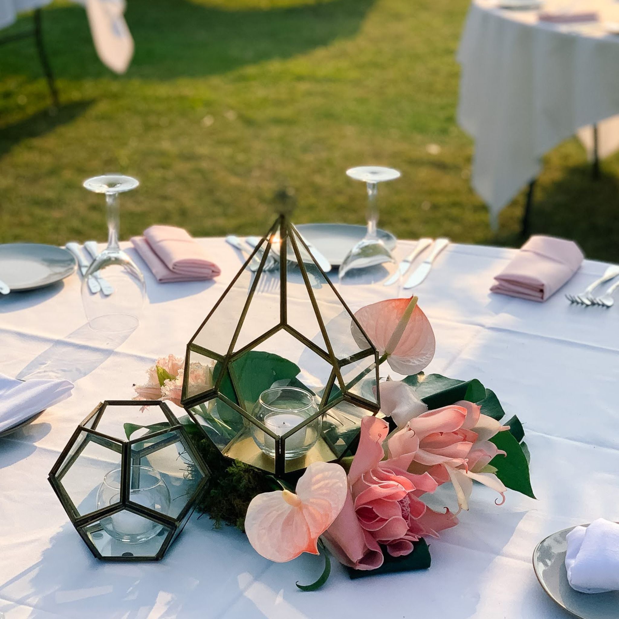 Geo Lantern - Wedding & Event Hire - Pink and Eucalyptus Arrangement