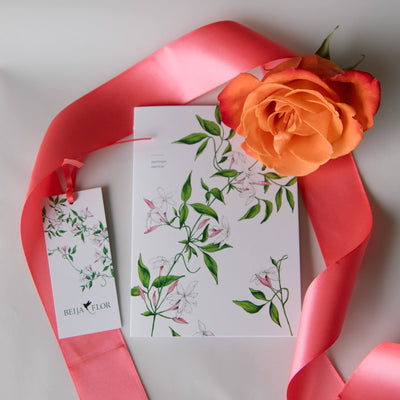 valentines day card with passion flower illustration and with orange rose flat lay with ribbon
