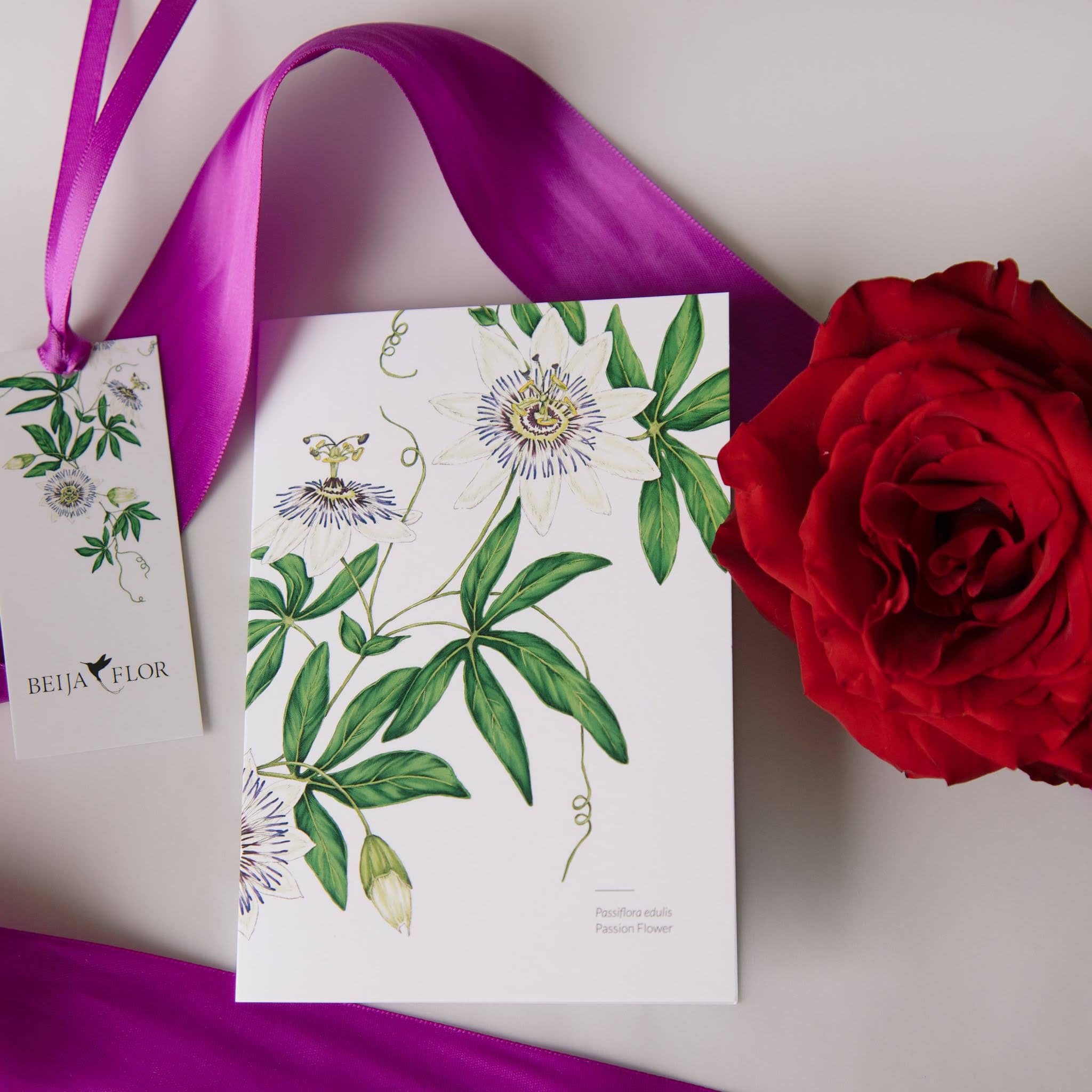 passionflower design greetings card with red rose flat lay